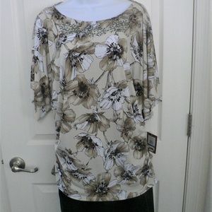 New Ellen Tracy Brown Crystal Short Sleeve Top XL